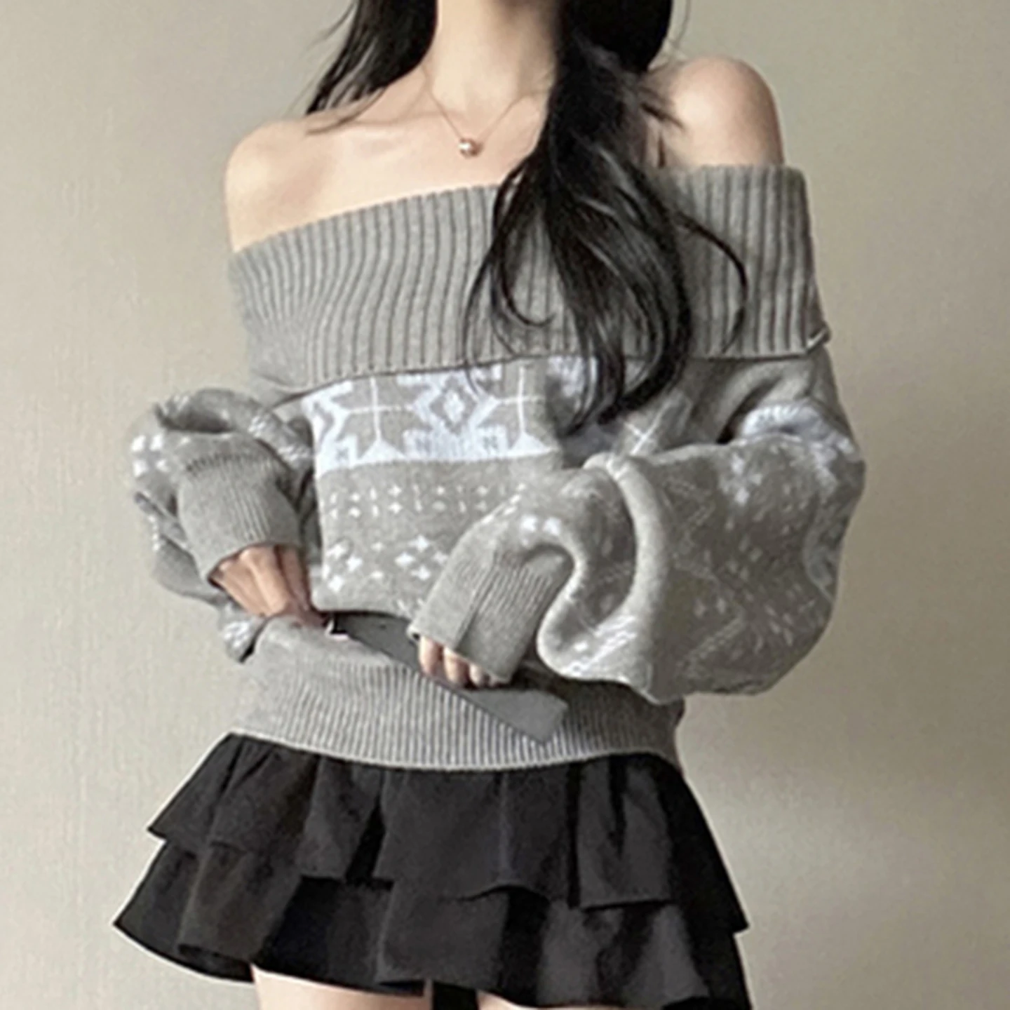 Camisola de malha fora do ombro feminino solto básico slash neck lanterna manga pulôver casual topo 2025 inverno moda streetwear senhora