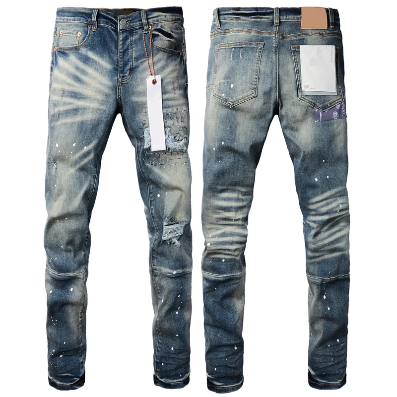 Europe American Trend New Purples Jeans Retro Splicing Splash-ink Denim Trousers Elastic Slim Pencil Pants Men Women