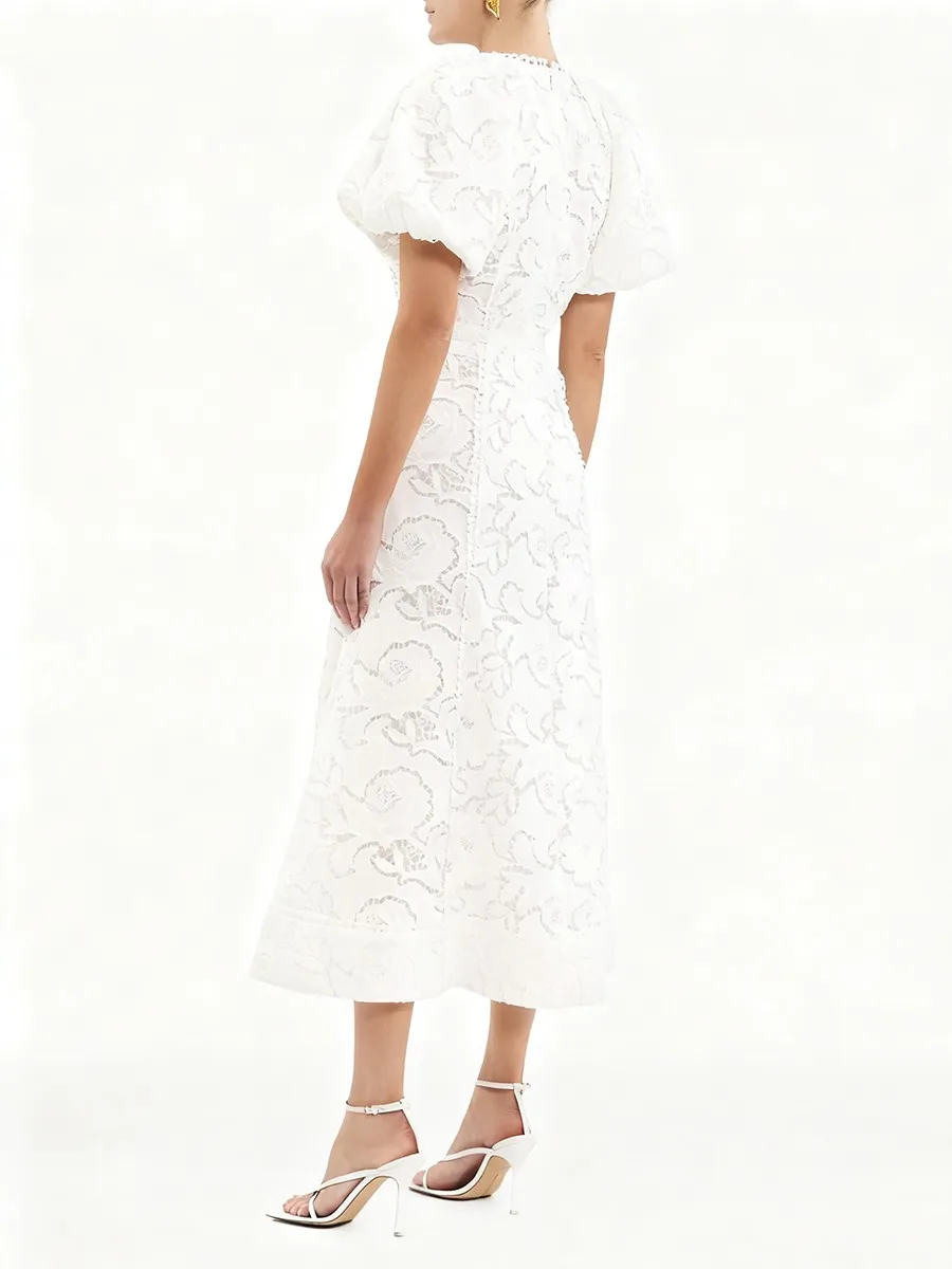 TWOTWINSTYLE Solid Slimming Spliced Embroidery Elegant Dresses for Women V Neck Short Sleeves Minimalist Long Dress Female New