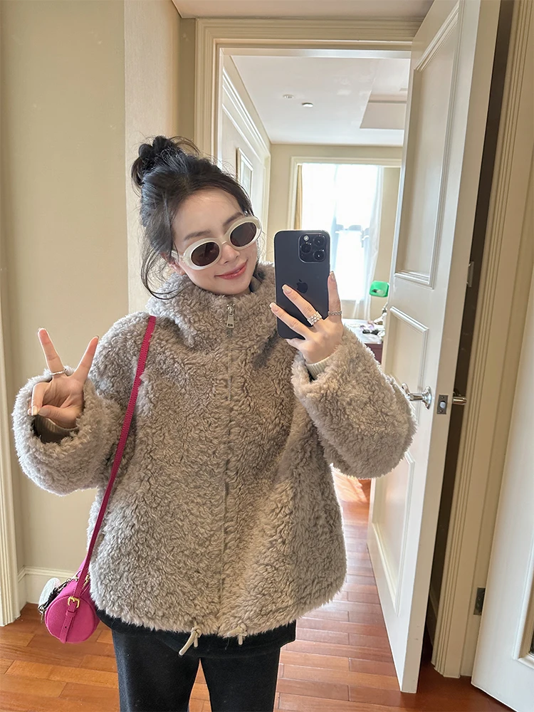 

Gold Su 00 Wool Hooded Fur Cotton Jaet Thi Winter Korean Sle Loose Small Size Women's Coat Zipper Closure Long Sve