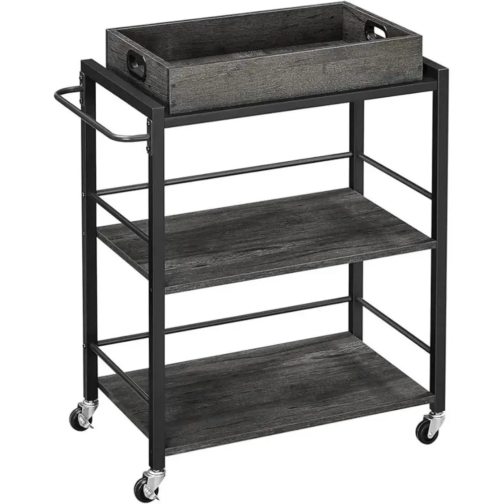 

3-Tier Kitchen Storage Cart with Removable Tray and Shelves, Charcoal Gray & Black, Ideal for Living Room or Kitchen