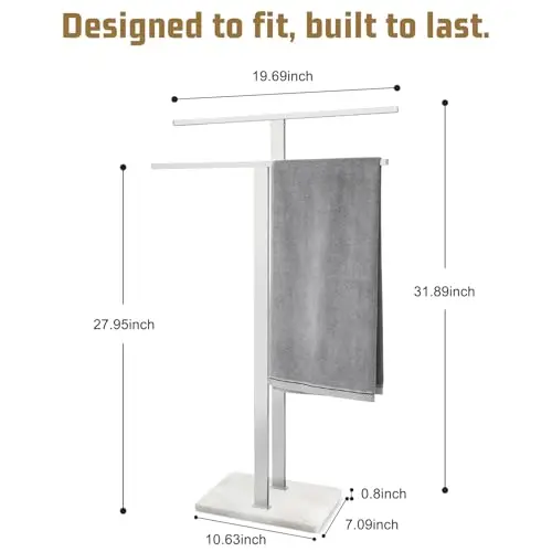 

Two-Tier Freestanding Bathroom Towel Rack With Brushed Stainless Steel Frame And Solid White Marble Base For Stable Floor Use