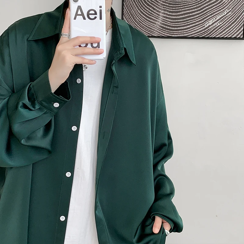 Korean Fashion Ice Silk Shirts for Men 2023 Spring Summer Solid Color Long Sleeve Casual Loose Comfortable Button Up Shirt 5XL-M
