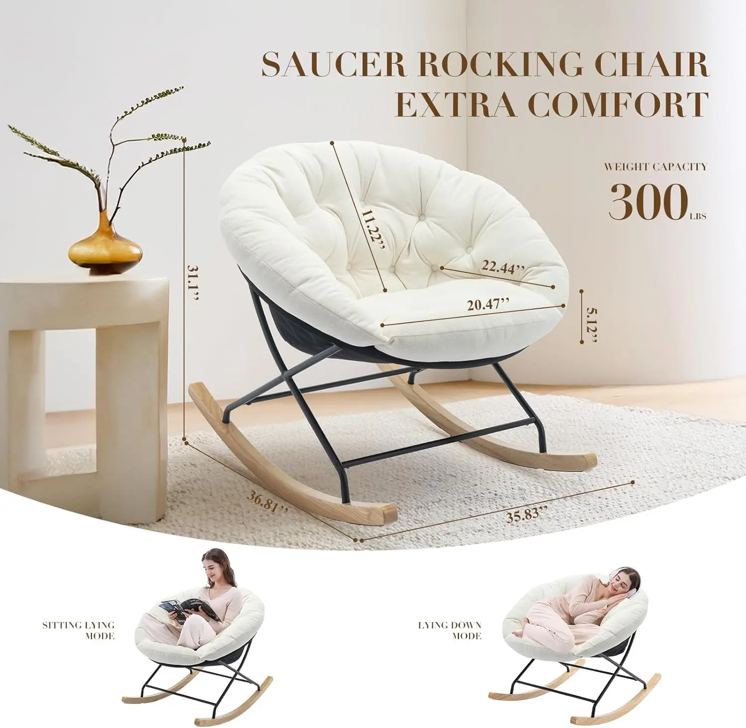 Rocking Chair Nursery, Upholstered Glider Rocker Accent Chair Saucer Armchair with Comfy Cushions, Wood Base and Metal Le