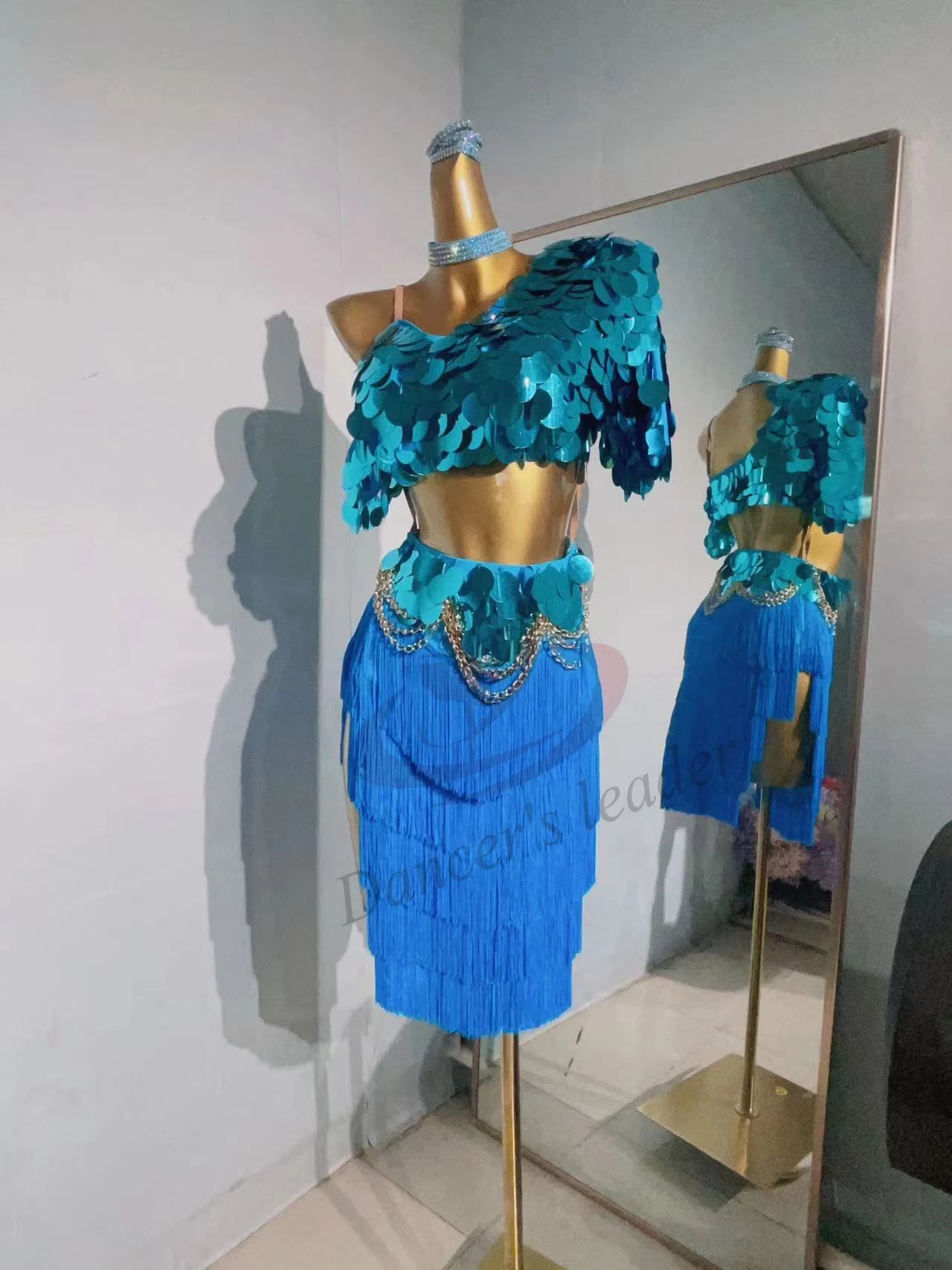 

Latin Dance Competition High end Skirt Customized Shiny Round Slice Tassel Rumba Chacha Tango Performance Dress Black Pool Dress