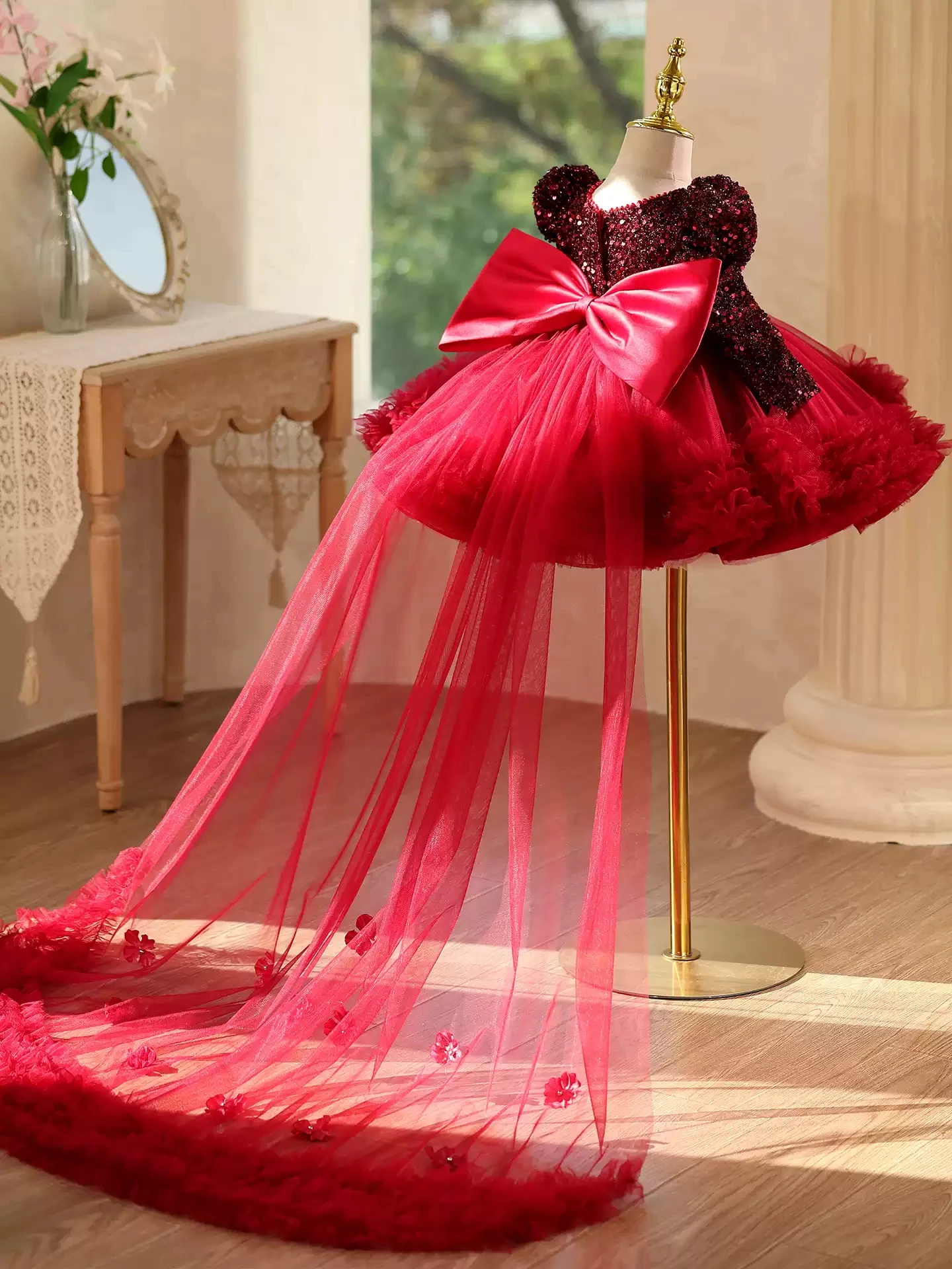 Winter Girls Elegant Party Dress Red Sequin Long Sleeve Trailing Prom Evening Dress Girls Carnival High-End Banquet Dress