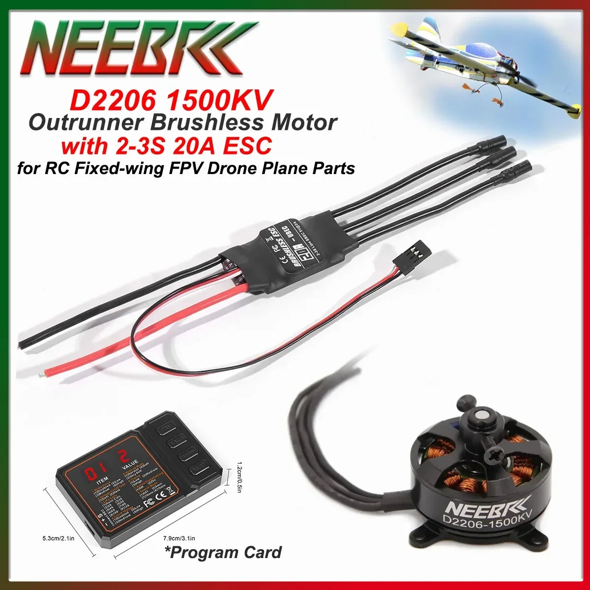 NEEBRC 2206 1500KV Outrunner Brushless Motor with 20A ESC 2-3S Speed Controller for RC Airplane Fixed-wing FPV Drone Multicopter