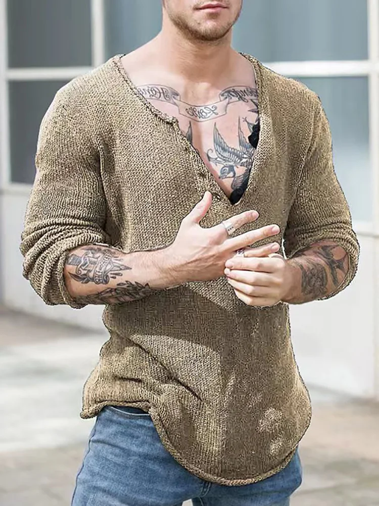 Men V Neck Streetwear Solid Basic Top Casual Loose Male Spring and Autumn Pullovers Simplicity Slim Fit Long Sleeve Thin Sweater