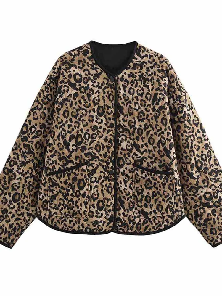 Vintage Leopard Cotton Coat Women Loose O-neck Long Sleeve Single Breasted Pockets Jacket 2024 Autumn New Lady Casual Outwear