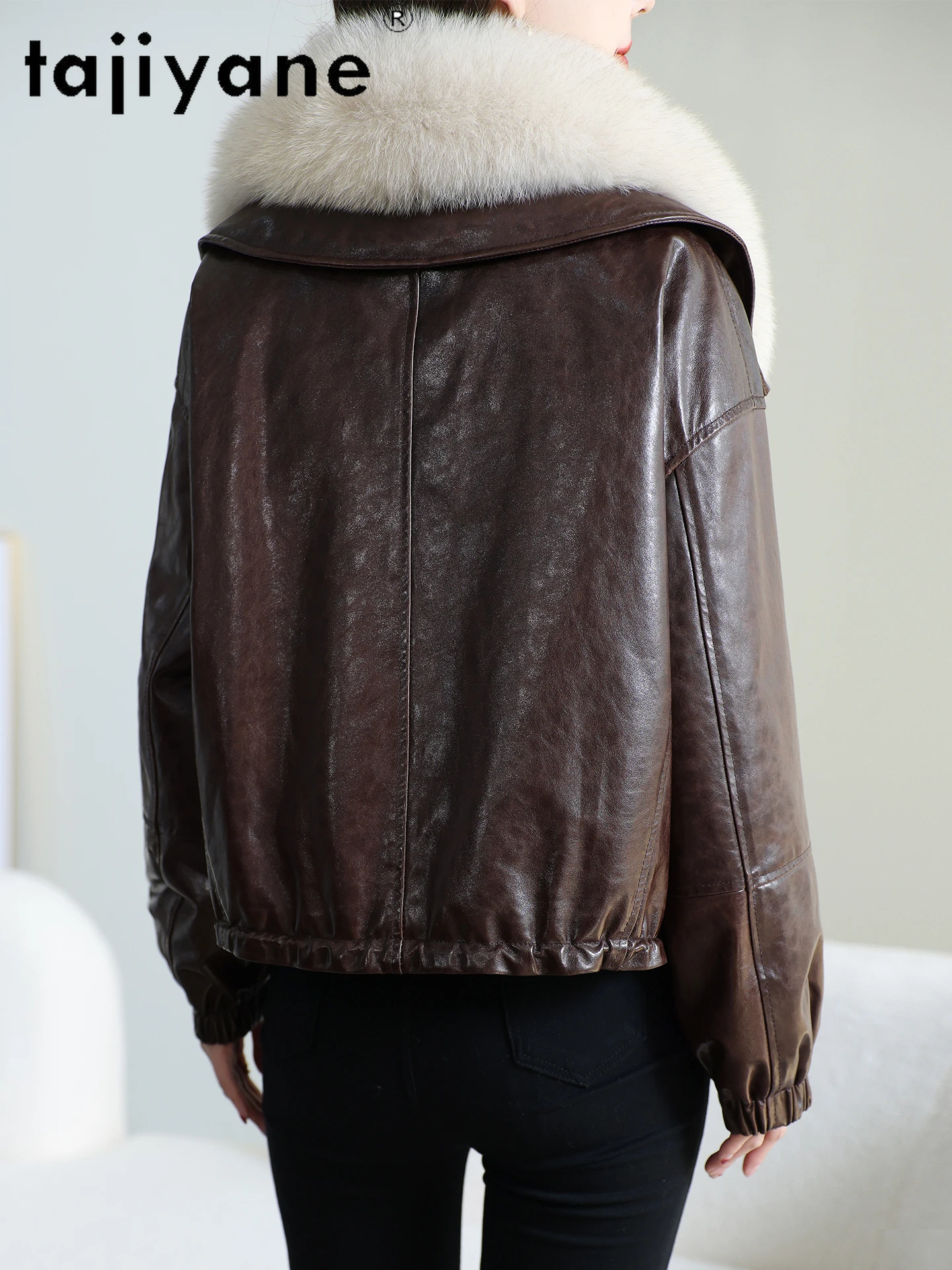 TAJIYANE 100% Top-narben Schaffell Gans Unten Mantel Kurze Echt Leder Puffer Jacke Frauen Fuchs Kragen Winter Frau Kleidung 2025