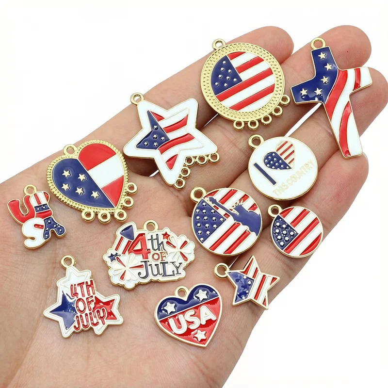 10Pcs Enamel USA Flag Charms Pendant Independence Day of United States 4th of July Heart Cross DIY Jewelry Making Accessories view 2