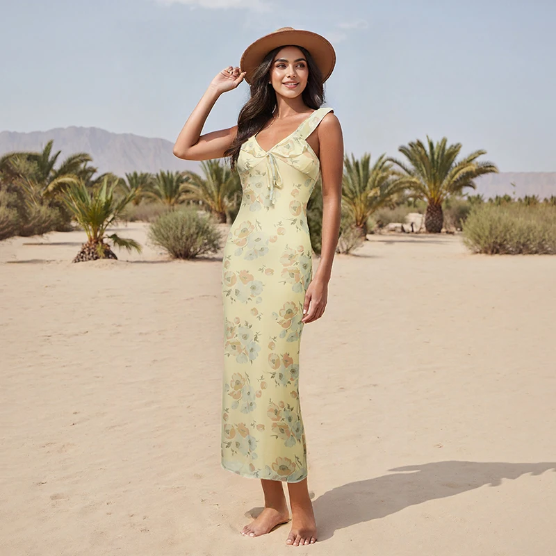 Vestido camisola floral estético para mujer, lazo delgado, escote en V profundo, espalda descubierta, volantes, tirantes, largo, bodycon, fiesta, club, vestidos de playa
