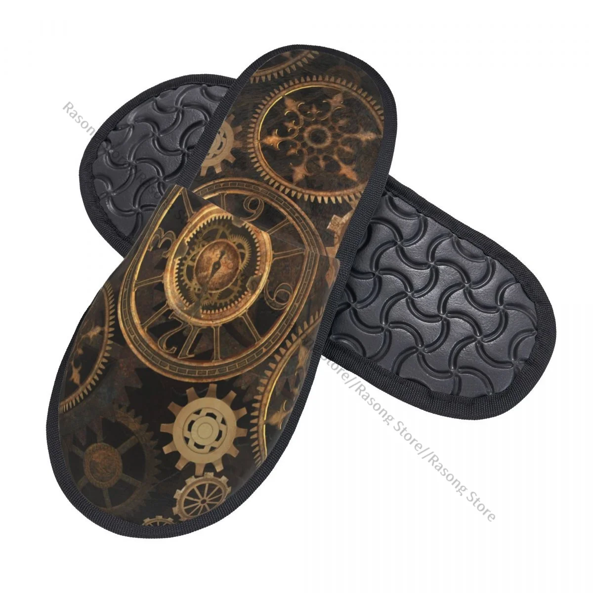 Winter Slipper Woman Man Fluffy Warm Slippers Steampunk Steam Punk Gears Clock Abstract Gold Technology House Slippers Shoes