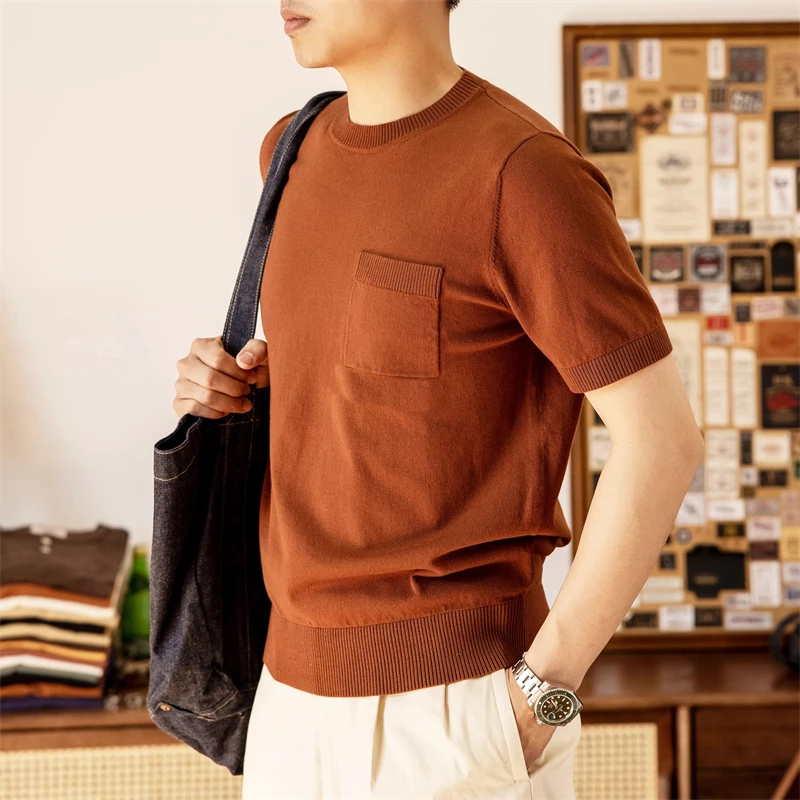 Red Tornado Crewneck Knit T-Shirt 100% Cotton Men Short-Sleeve Casual Pocket Tee