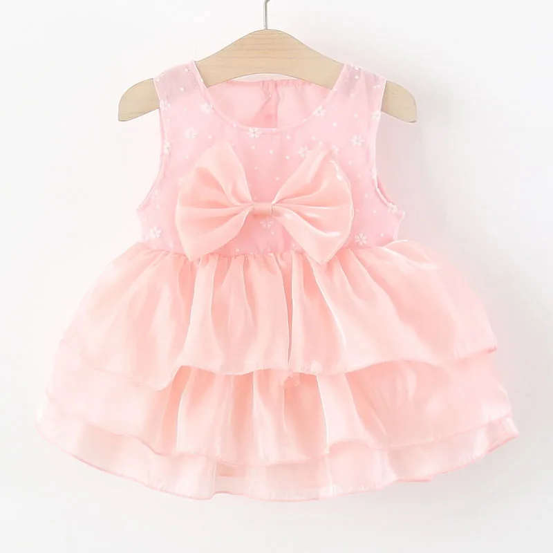 2026 Summer Dresses Kids Luxury Clothes Girls Korean Fashion Cute Bow Flowers Sleeveless Mesh Pink Birthday Princess Dress B339