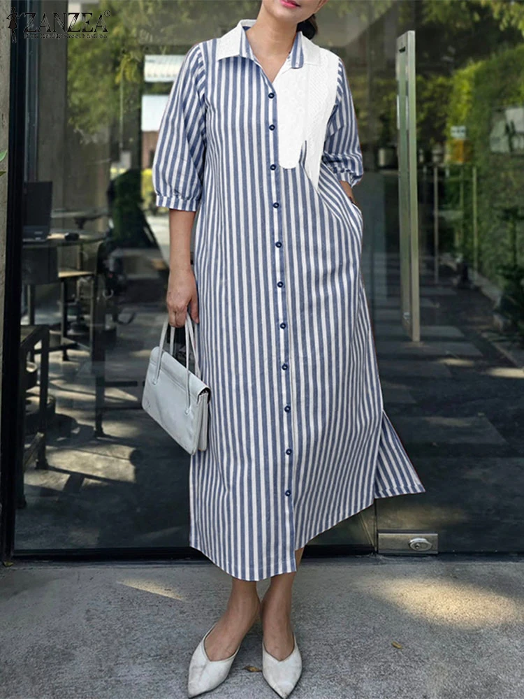 2025ZANZEA Mode Herbst Hemd Kleid Frauen Elegante 3/4 Hülse Gestreiften Arbeit Kleider Büro Tragen Sommerkleid Patchwork Vestidos Robe