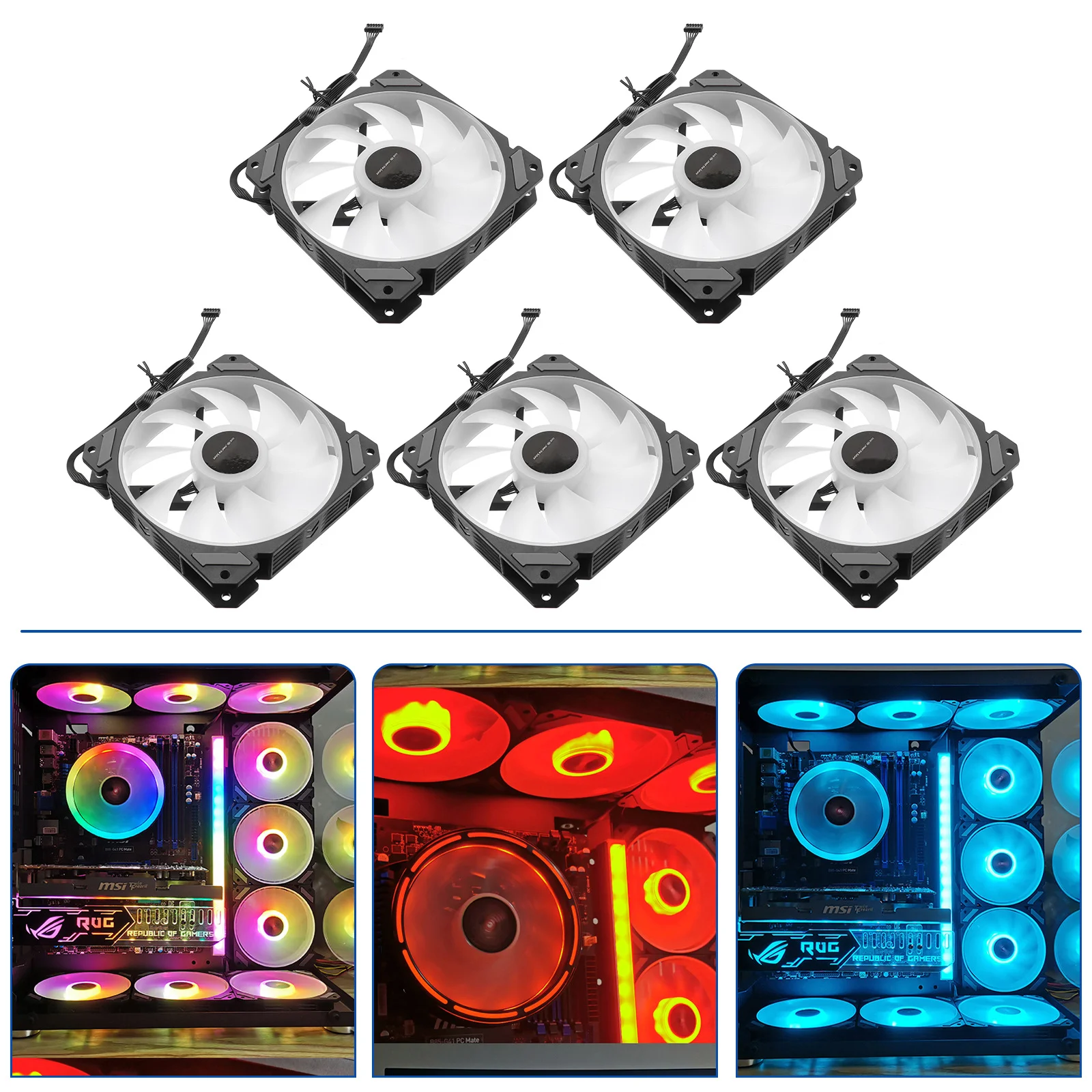 

5 шт., 12 см, RGB светодиодный охлаждающий вентилятор для компьютера, стандартный контроллер, эффективное низкое энергопотребление, прочный, красочный, игровой корпус с освещением