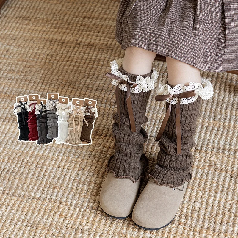 

3-12 Years Kids Girls Leg Warmers Autumn Winter Knitted Princess Stockings Lolita Fashion Lace Bow Socks Ballet Style Leg Cover