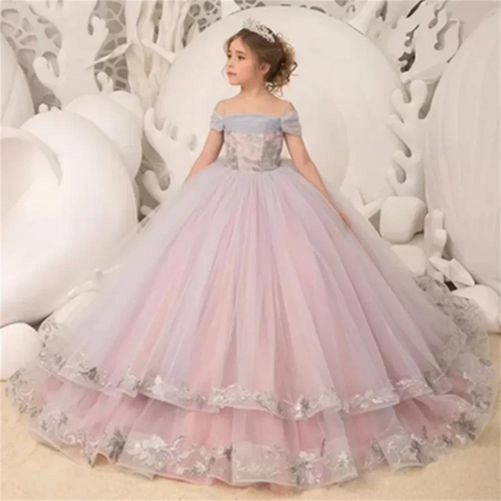 Elegante ragazza di fiori rosa Appliqued Ruffles abiti da bambino per il concorso di nozze bambini abbigliamento formale celebrazione del ballo di fine anno