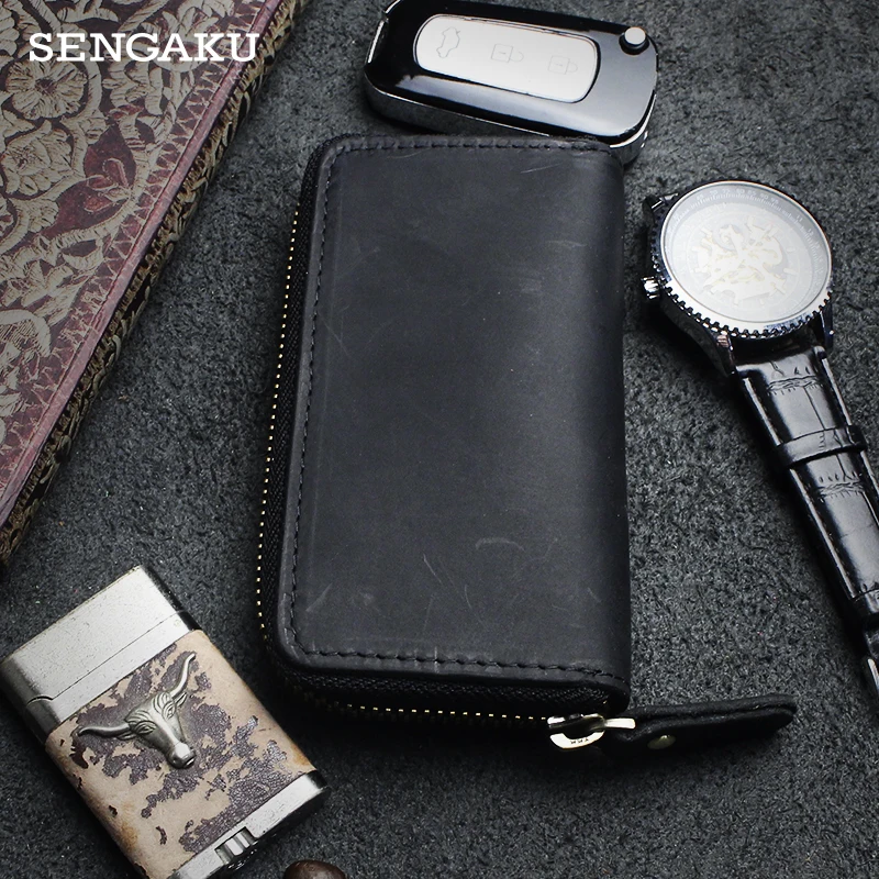 Vintage Genuine Leather Key Wallet Housekeeper Keys Organizer Multifunction Card Holder Covers Zipper Key Case Bag