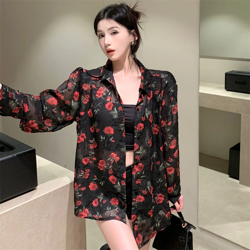 French retro versatile design with a backless hollowed out lace up rose print sun protection shirt top for trendy women