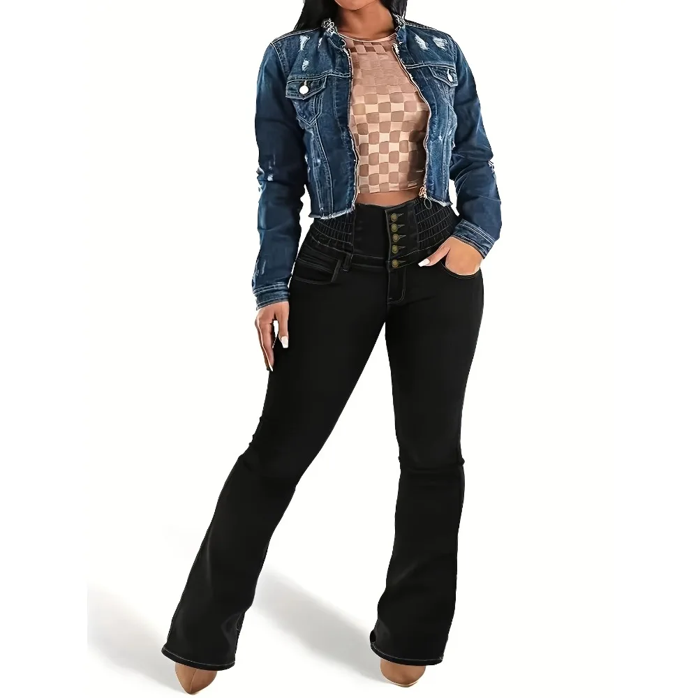 Ladies' high waist and five-breasted black slim tight elastic feet jeans