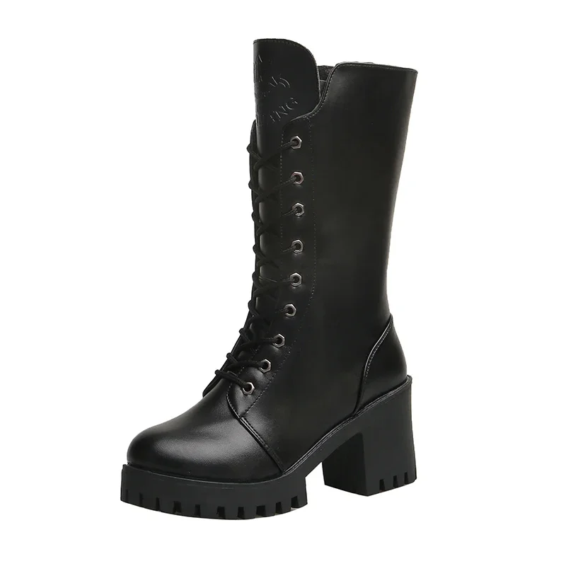 2024 New Mid Length Boots for Women in Spring, Autumn, and Winter Fashionable British Style Side Zipper Round Toe Fashion Boots