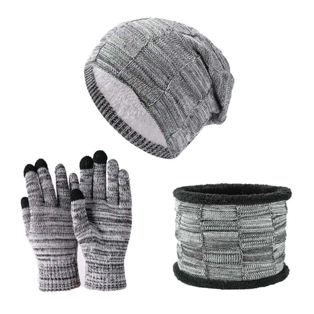 3Pcs/Set Winter Hat Gloves Neck Warmer  Stretchy   Knit Hat Gloves Neck Warmer Winter Men Ladies Knit Cap Gloves Scarf Kit