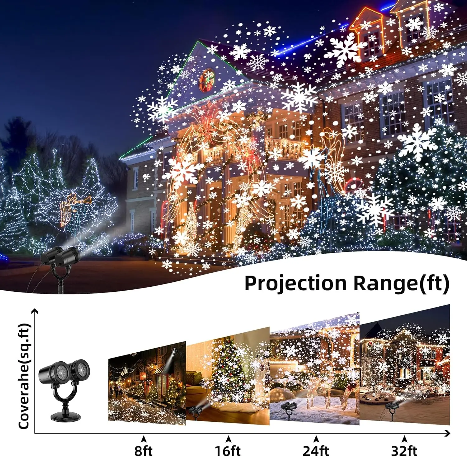 Luce di proiezione del fiocco di neve di natale all'aperto, luce principale a doppia testa impermeabile, decorazione del paesaggio, luce di proiezione dell'illuminazione