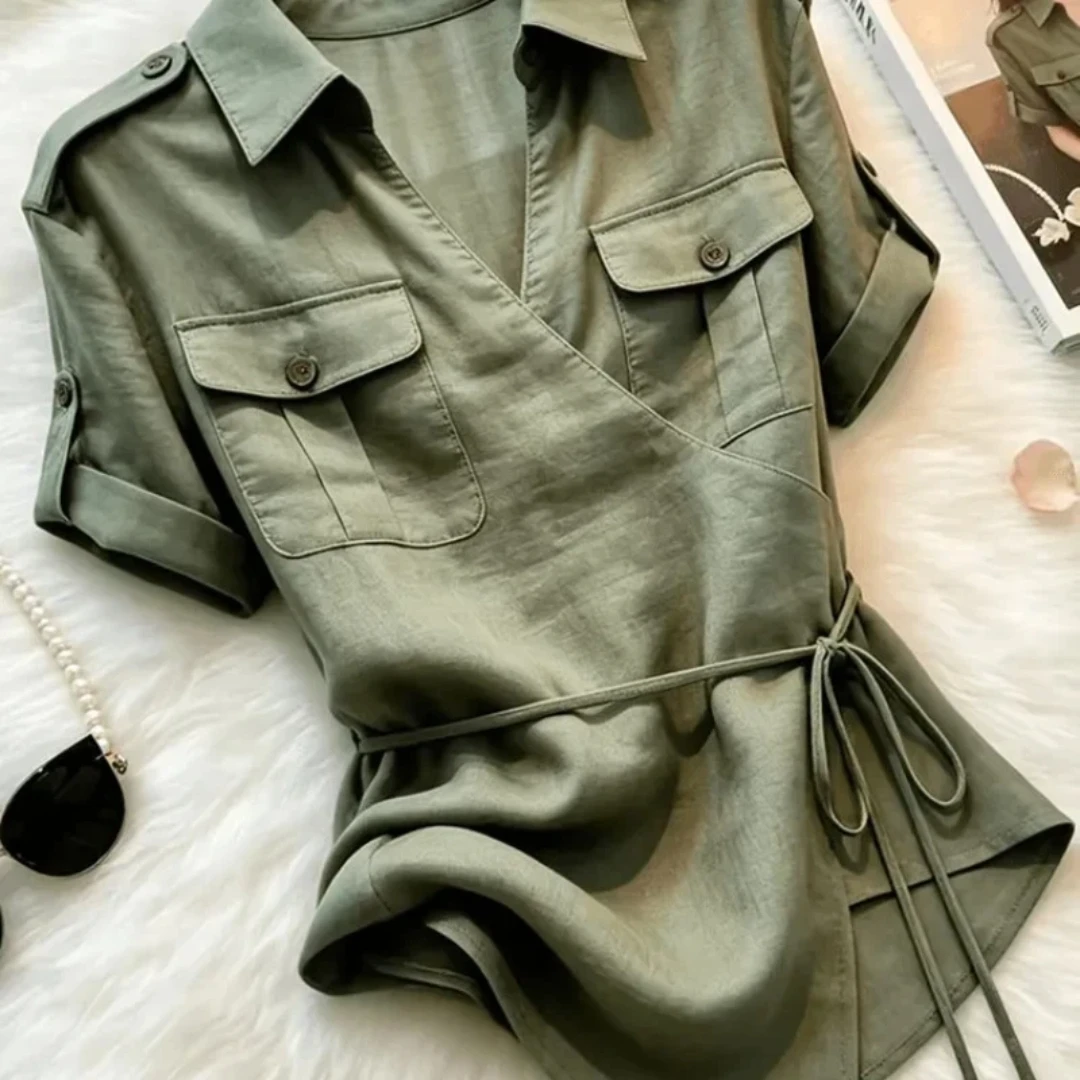 Olive Green Wrap Front Short Sleeve Shirt with Chest Pockets and Tie Waist Casual Women Safari Style Blouse Lightweight Summer