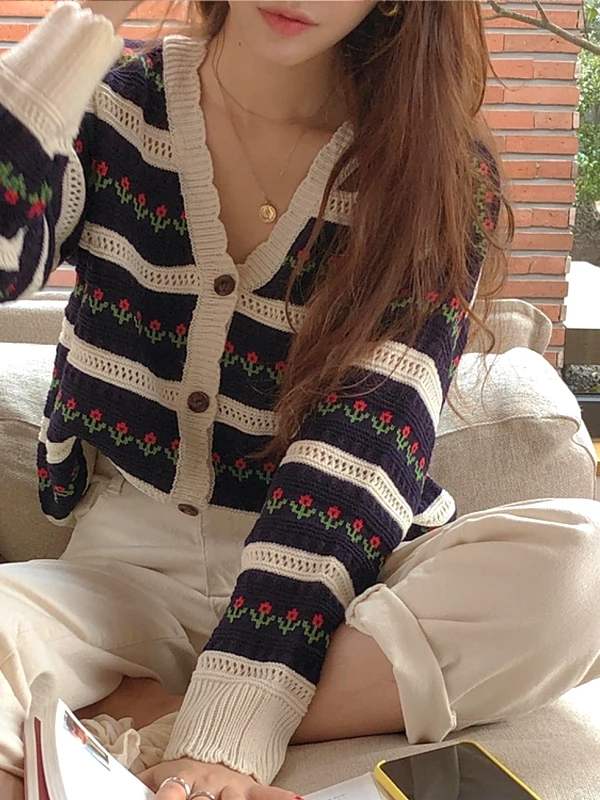 Koreaanse Streep Vintage Sli Open Vest Trui vrouwen Herfst Winter V-ne Losse ort Pluizige Truien Bovenkleding