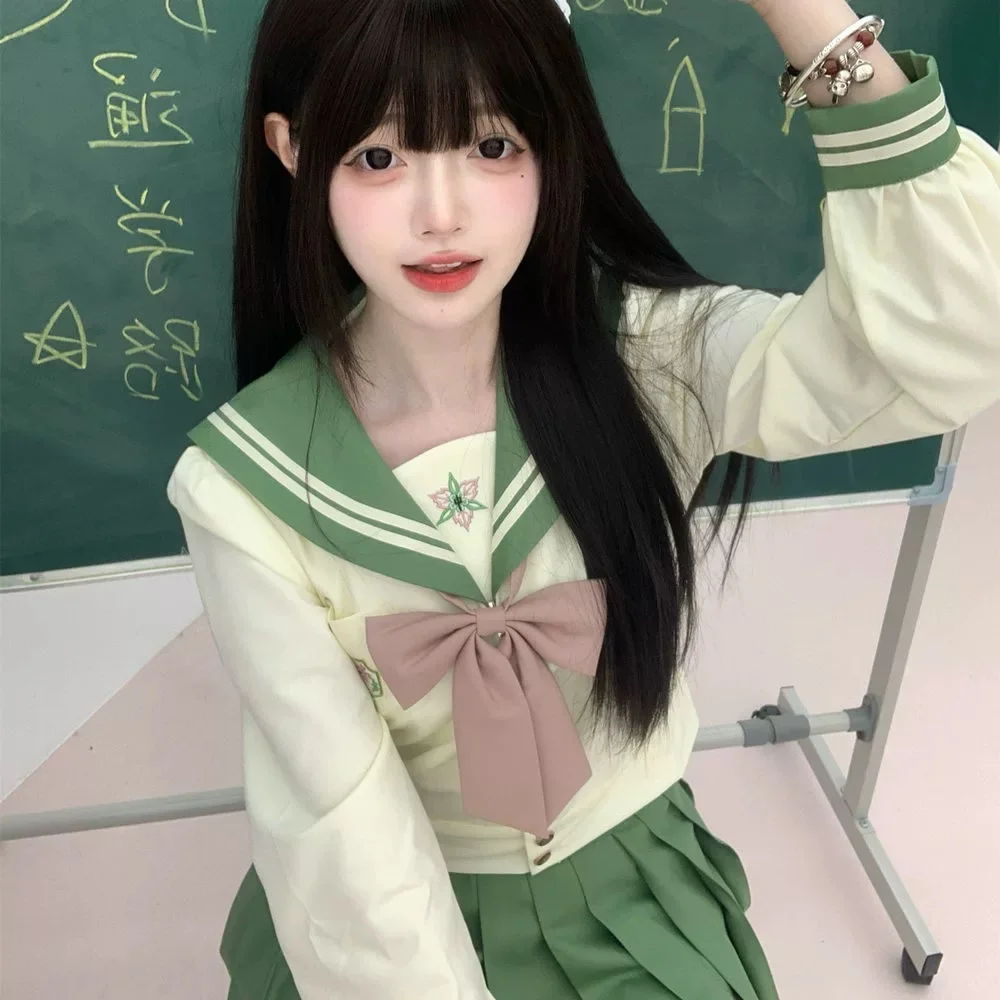 일본 학교 제복 소녀 선원 복장 봄 녹색 선원 복장 기본 한국어 Jk 유니폼 세트 여성 긴 소매 Seifuku