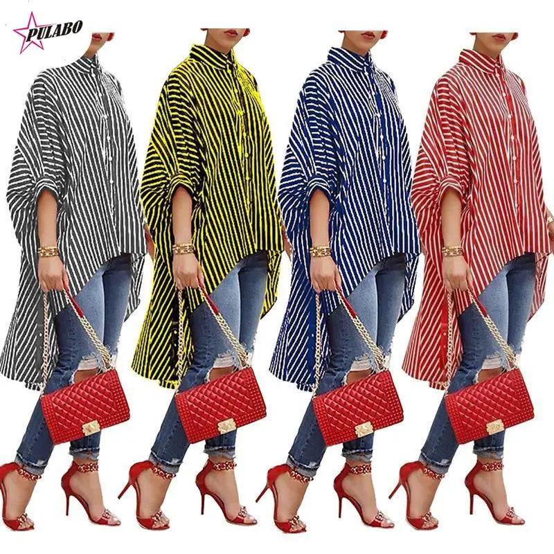 

PULABO Women Striped Print Ruched Irregular Button Shirt Blouse Sexy Casual Party Beach Mid Long Vestidos Robe Femme Female robe