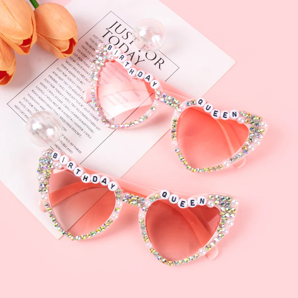 1/2/6Pcs Pink Birthday queen Love Heart Shaped Sunglasses Vintage Retro Glasses Bachelorette Party Girls Birthday Gift Supplies