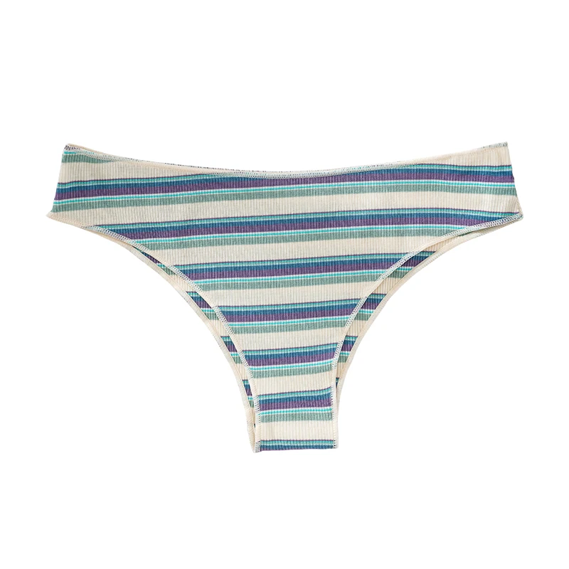 Plus Size Rainbow Striped Women Thong Antibacterial 100% Cotton Panty for Girl Low Waisted Briefs