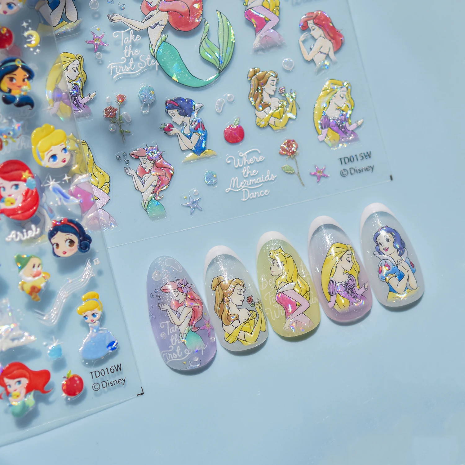 1 STKS 5D Zeemeermin Prinses Sneeuwwitje Animatie Reliëf Stickers Nail Art Accessoires Disney Cartoon Nail Art Decoratie Stickers
