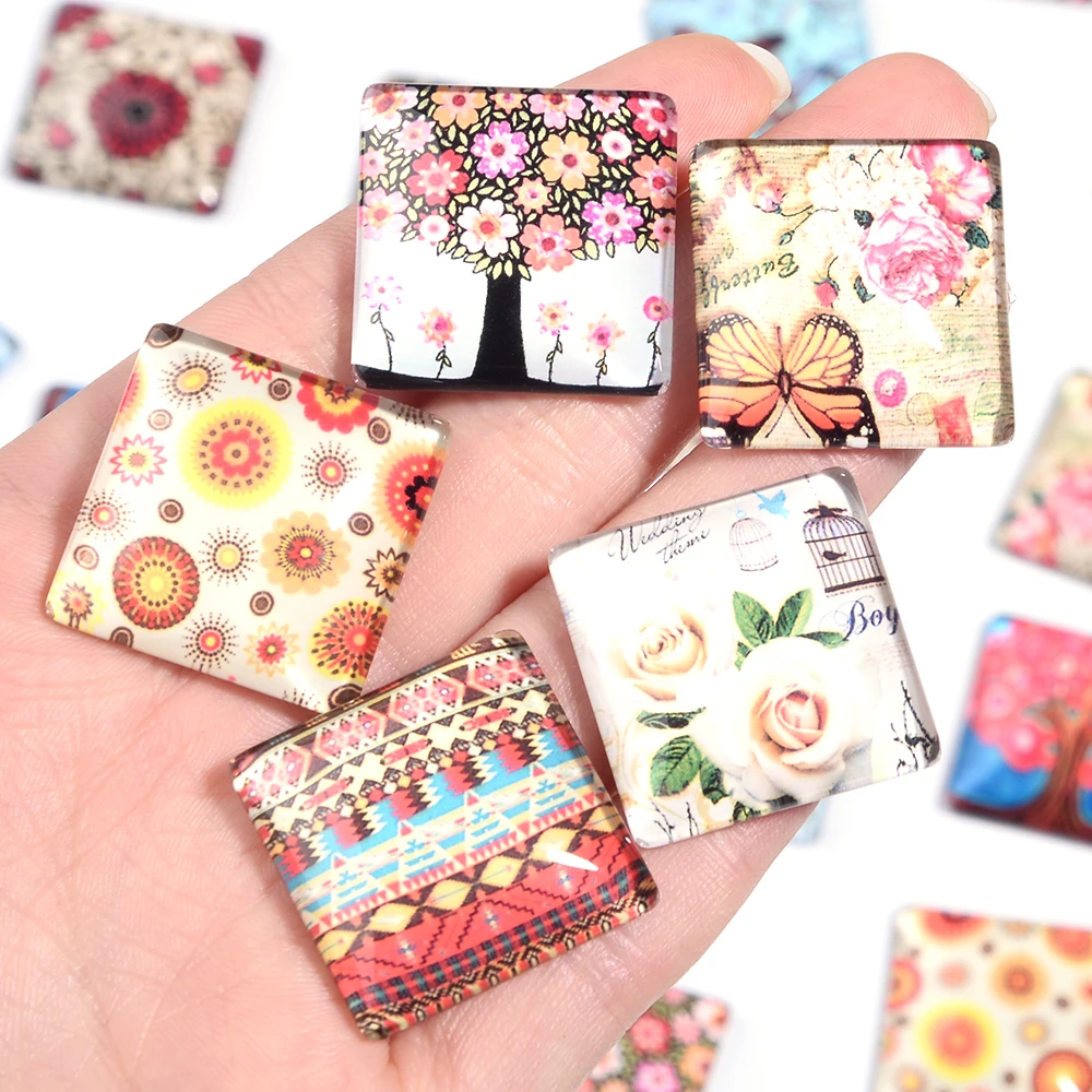 10pcs/lot Butterfly and Flower Pattern Glass Cabochon Beads 15-30mm Square  Cabochon Beads For DIY Jewelry Necklace Accessories