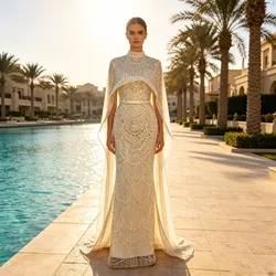 Luxury Pearls Arabic Evening Graduation Dresses with Cape 2026 Mermaid Long Formal Prom Wedding Party Gown for Women Customized