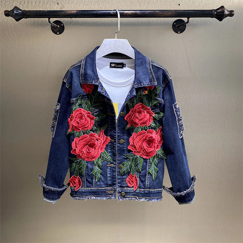 2022 Spring Autumn New Women\'s Embroidery Red Rose Short Denim Jacket Coat Hole Long Sleeve Skinny Dark Blue Jeans Coats