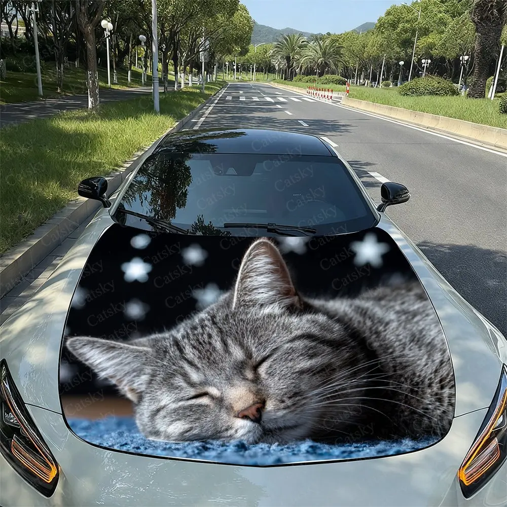 

Soft And Cute Sleeping Cat Starry Sky Design Car Hood Stickers, Easy To Remove And Durable Car Parts, PVC Material Hood Stickers