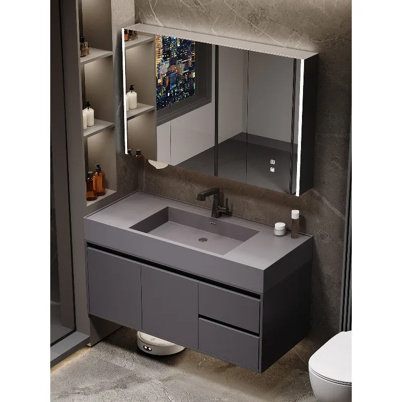 

Современный комбинированный шкаф для ванной комнаты в стиле лайт-люкс, многослойный, из массива дерева, с интегрированной раковиной из микрокристаллического камня