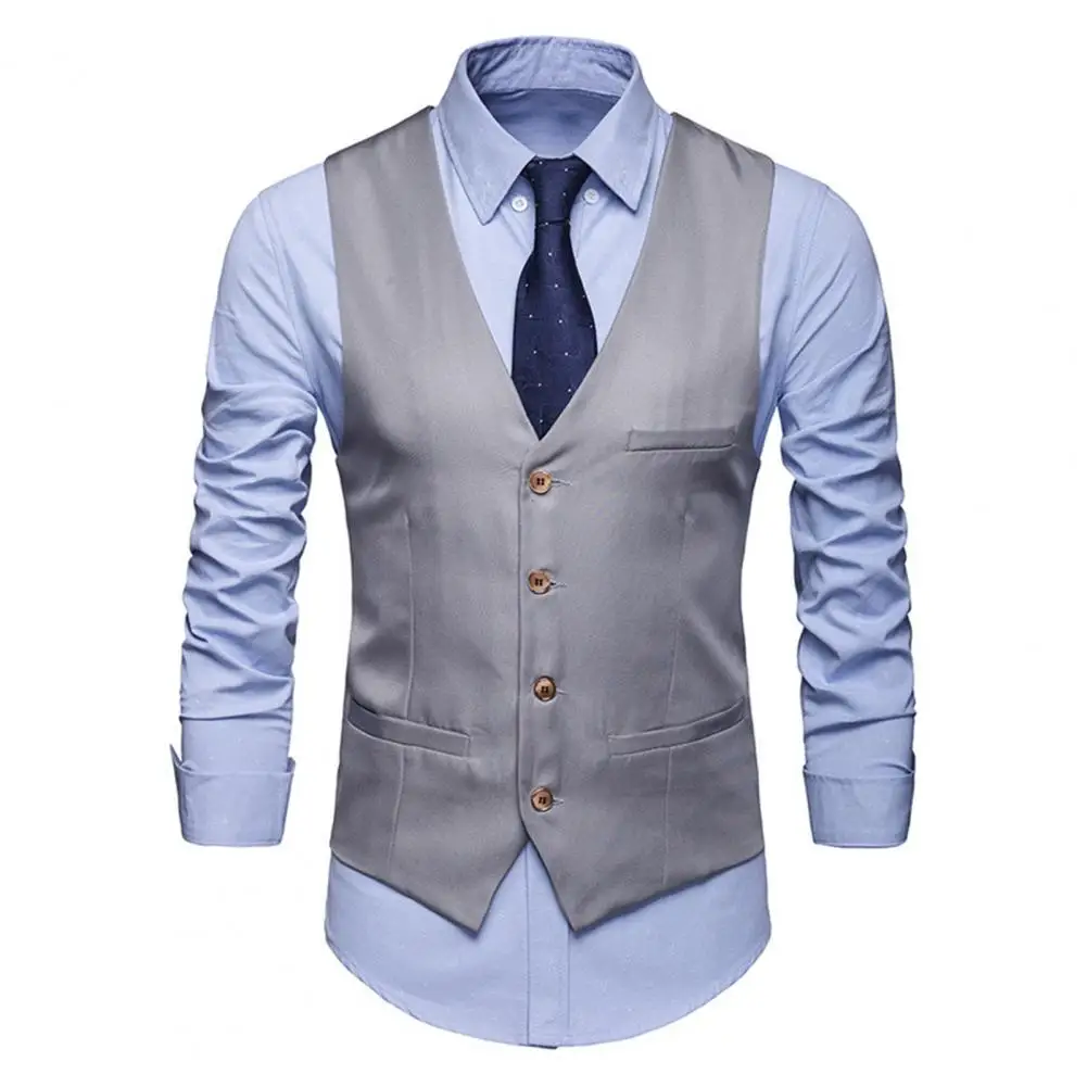 Men Business Vest Elegant Men's Sleeveless Suit Vest with V Neck Slim Fit for Formal Business Style Single-breasted for Groom