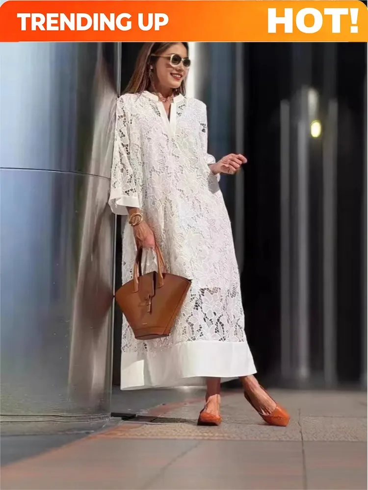 Vestido de encaje bordado blanco para mujer, vestido de fiesta sexy con cuello en V y aberturas, nuevo vestido largo holgado estilo bohemio para vacaciones, ropa de mujer.