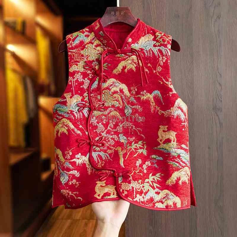 

Великолепный парчовый жилет с песнями 2025, винтажный улучшенный китайский жилет с пряжкой и кисточками, элегантный жаккардовый модный элитный жилет