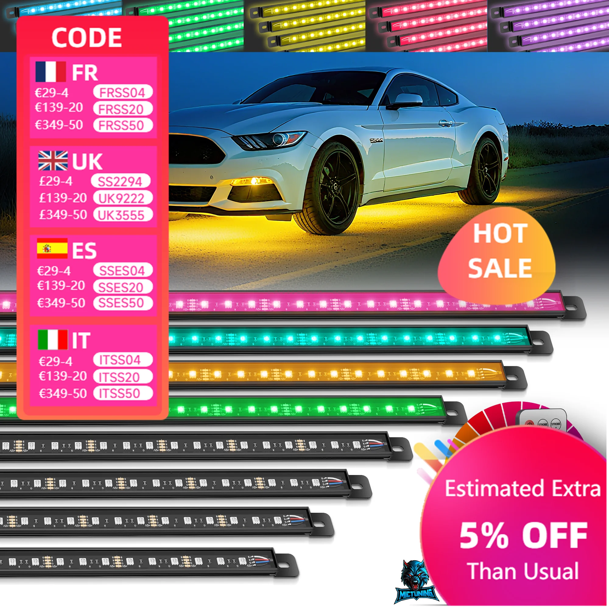

MICTUNING U8 Car Underglow Light Strips U8 RGB Underglow LED Light Bar with Dual Remote Control Car Exterior Neon Accent Lamps