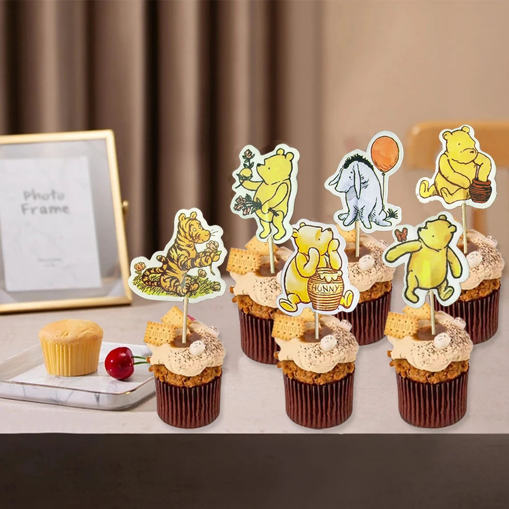 24pcs/lot Birthday Party Decoration Winnie Pooh Theme Cake with Small Insert Sticks Celebrating Decoration Baby Shower Toy Gifts