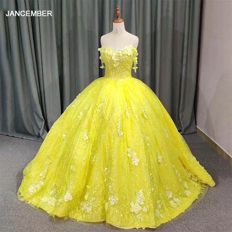 

Jancember Yellow Princess Exquisite Quinceanera Dresses Strapless Court Train Appliques Beading Sequined Bar Mitzvah DY9853