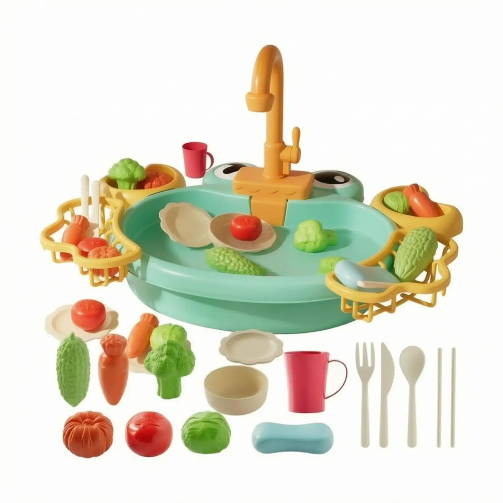 Electric Recirculating Kitchen Sink Water Toy for Toddlers with Molded Basin Faucet and Storage Baskets for Children Bathroom