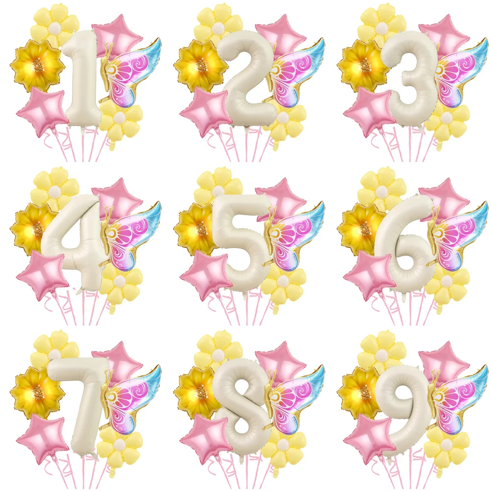 サイドフライングバタフライサンフラワーデイジーデジタルバルーンセット、誕生日パーティー、洗礼式、記念日に最適