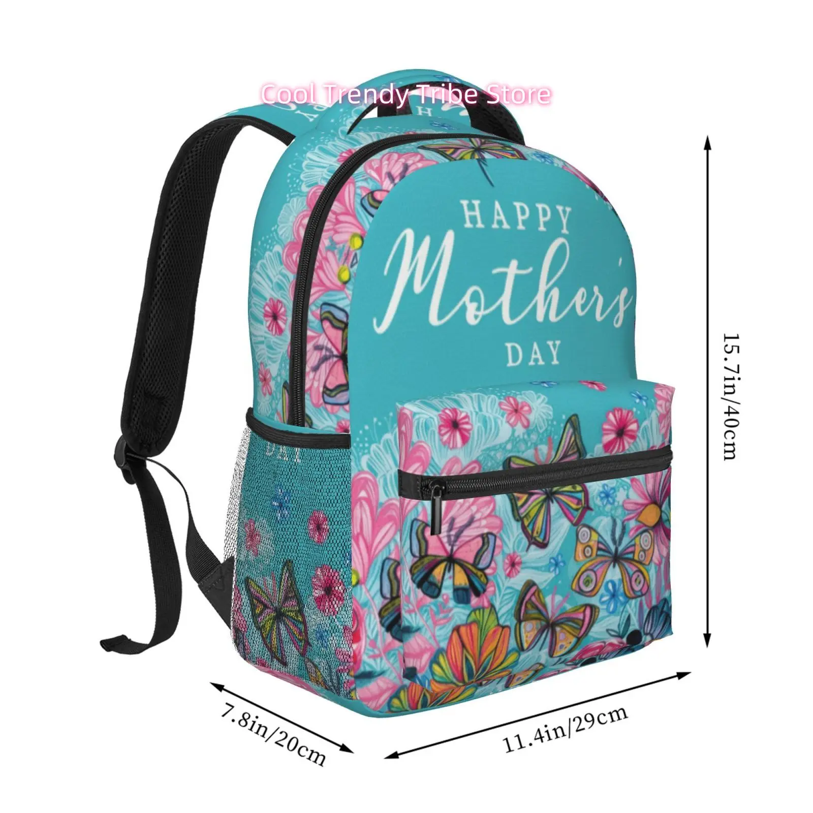 Turquoise Happy Mother's Day Butterfly Print Backpack, High Quality Oxford Cloth Casual Daypack, Adjustable Straps, for Travel,
